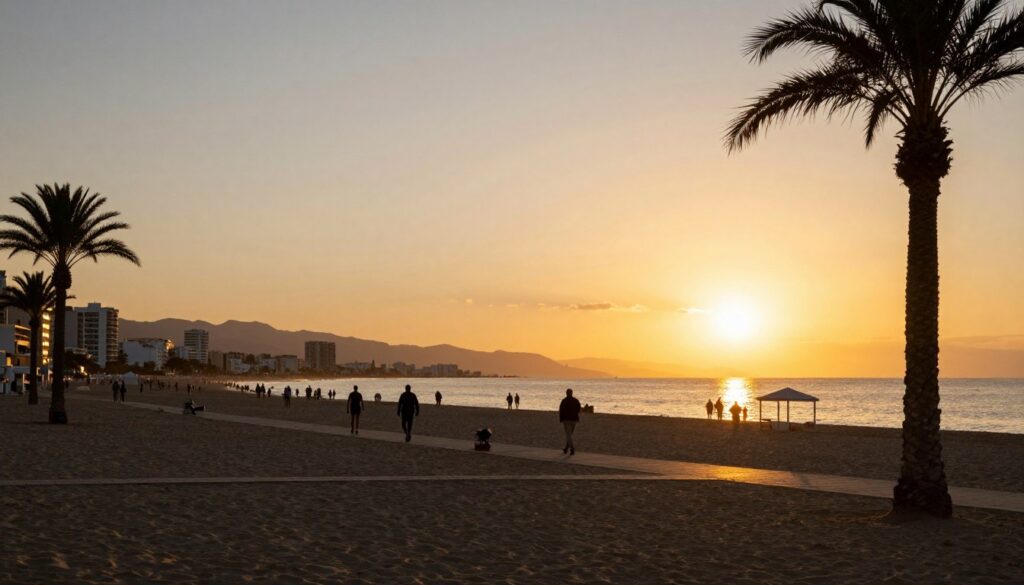 Fuengirola plaża o zachodzie słońca z turystami