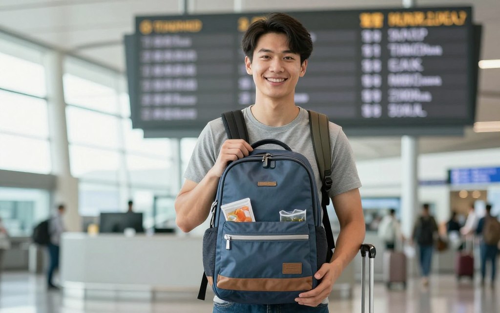 Happy traveler with properly packed carry-on bag containing food at airport