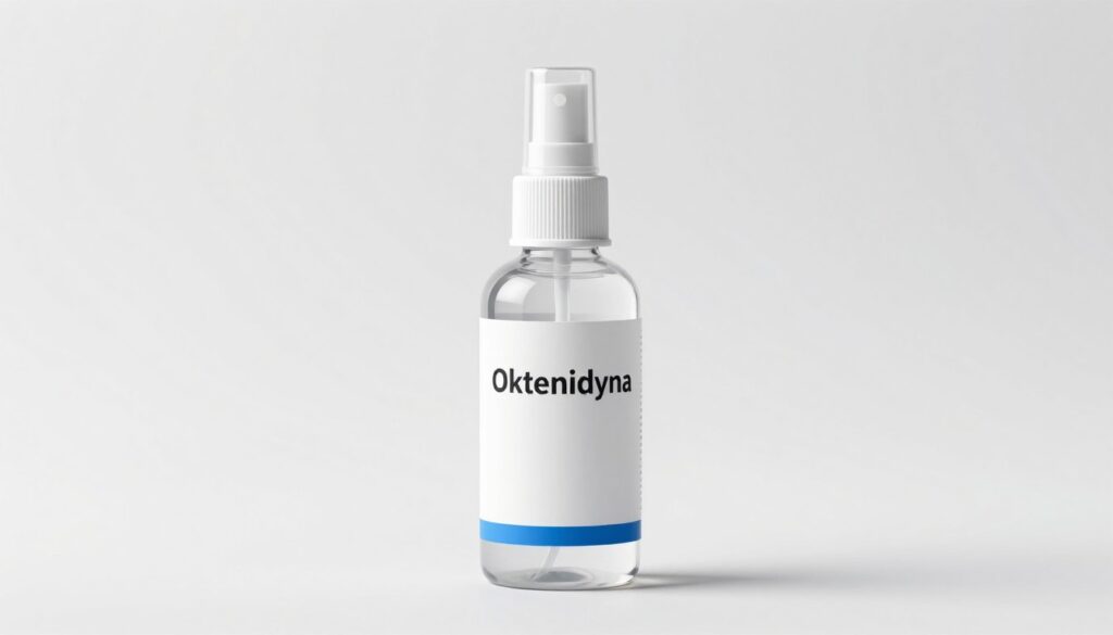 High-quality medical spray bottle with oktenidyna label, antiseptic spray for wound care, sterile white clinical background, soft studio lighting, 8k resolution, photorealistic.