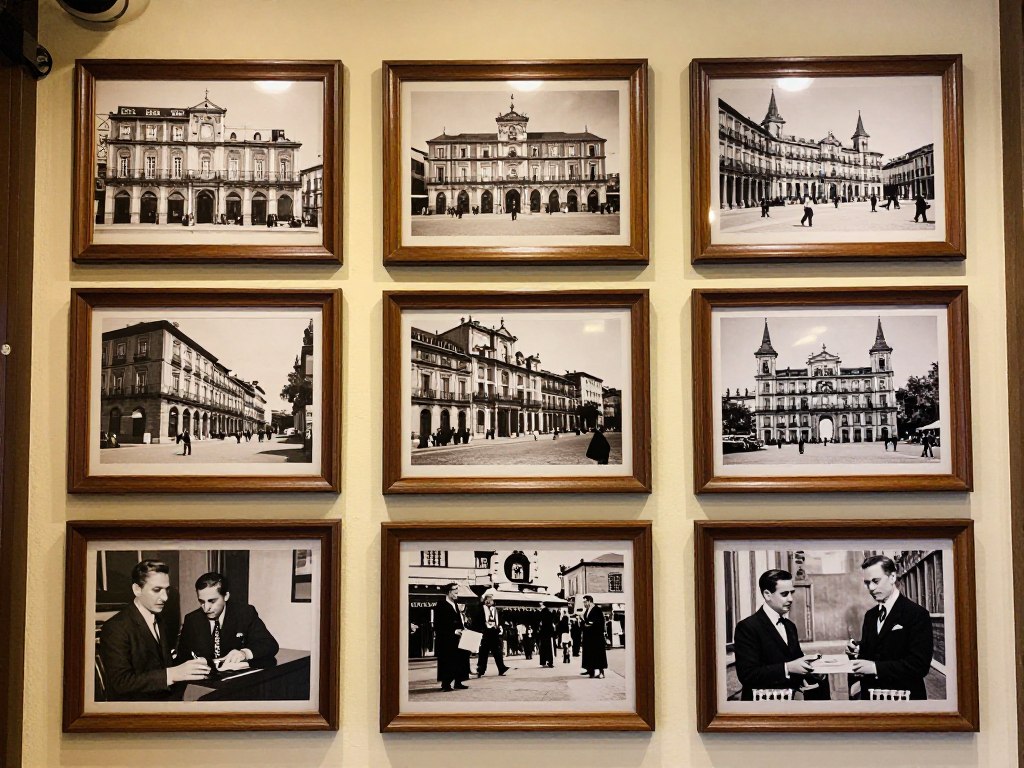 Historyczne czarno-białe zdjęcia na ścianach Chocolatería San Ginés