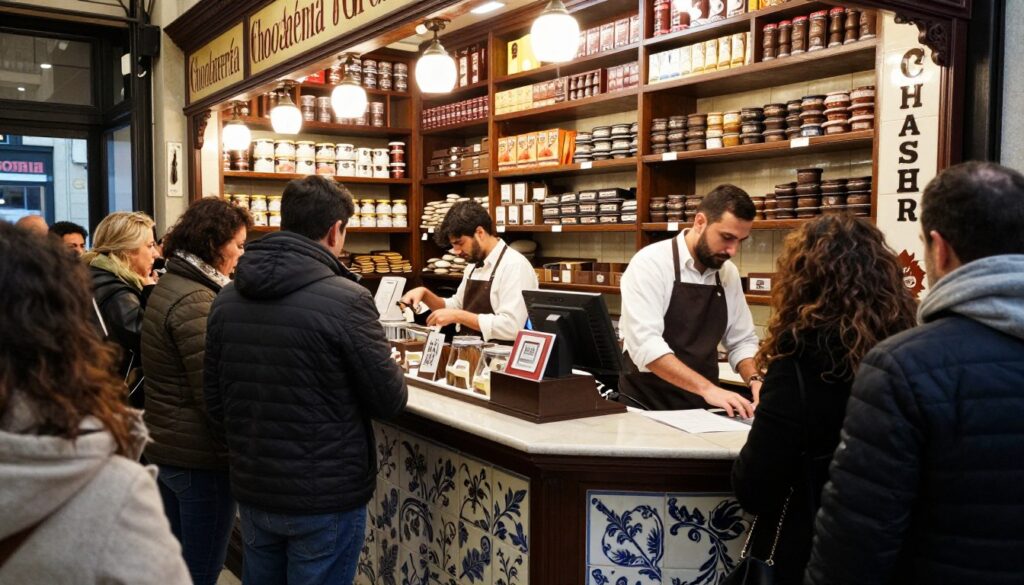 Kasa i bar w Chocolatería San Ginés z kolejką klientów