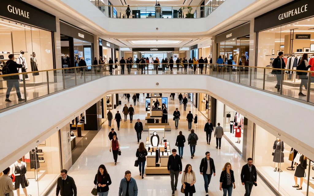 Klienci robiący zakupy w Galerii Lafayette - tłumy na piętrach galerii