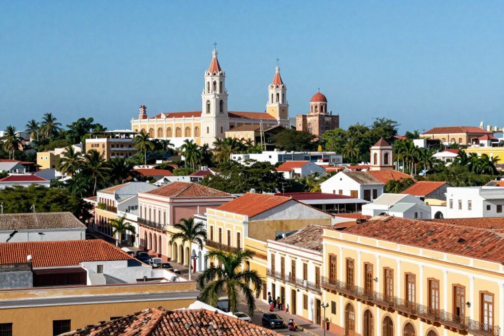 Kolorowy krajobraz Dominikany z palmami i lokalną architekturą