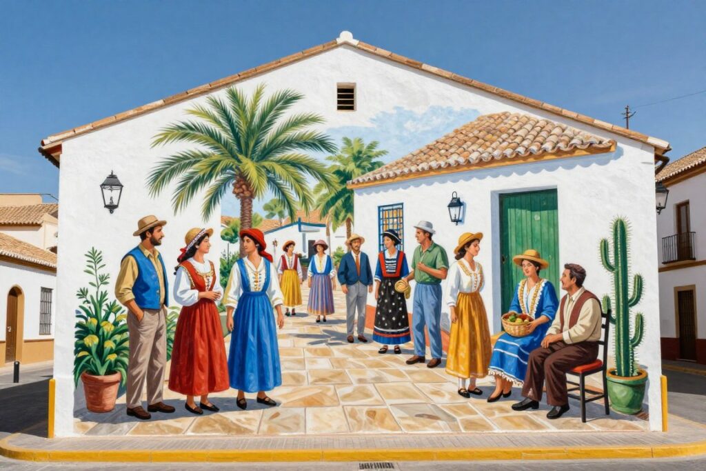 Kolorowy mural przedstawiający tradycyjną scenę andaluzyjską na ścianie budynku