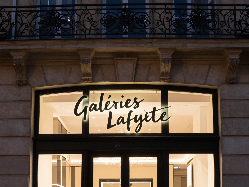 Logo i szyldy Galeries Lafayette na fasadzie budynku