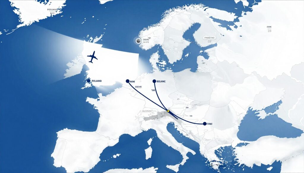 Mapa pokazująca trasę lotu z Polski do Kanady