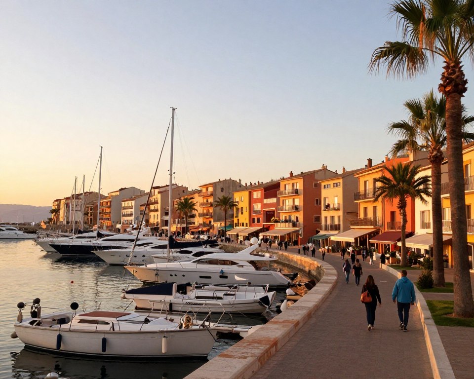 Marina w Esteponie z cumującymi jachtami i kolorowymi budynkami