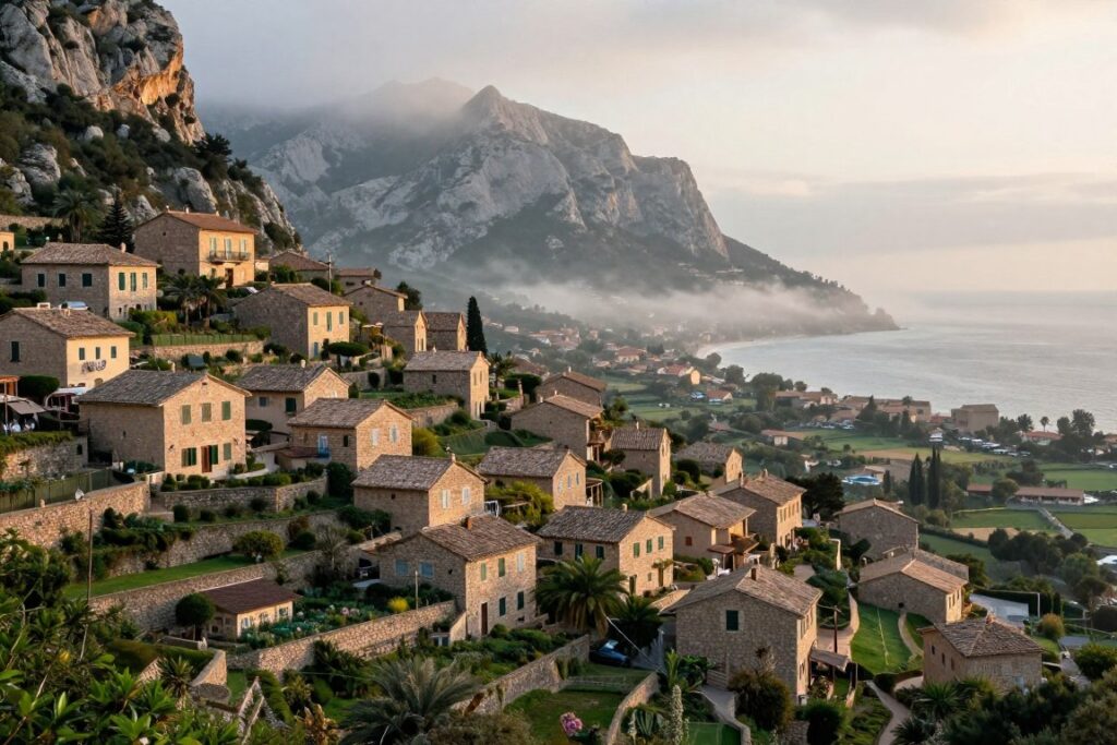 Miasteczko Deia na zboczu góry z widokiem na morze