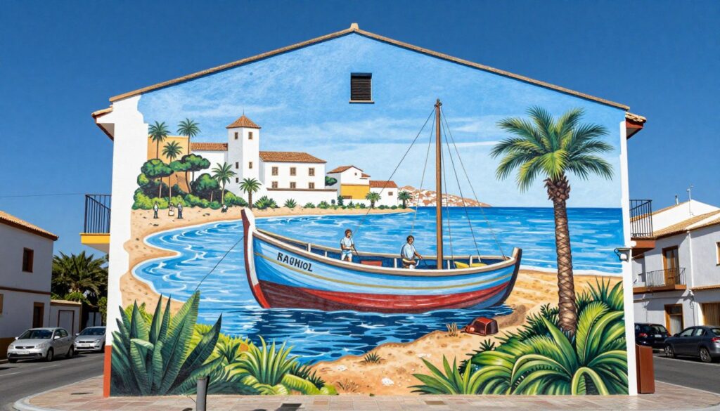 Mural na ścianie budynku w Esteponie przedstawiający scenę z życia codziennego