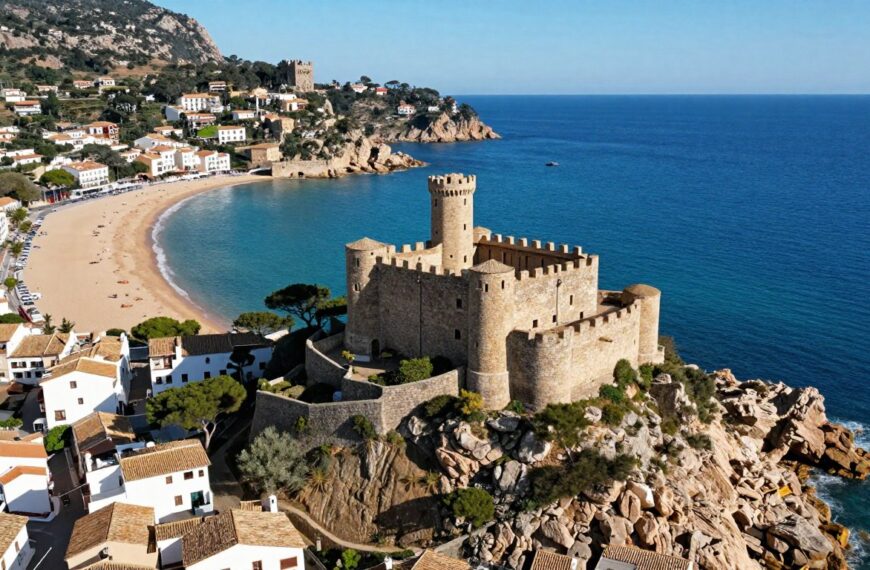 Panorama Tossa de Mar z zamkiem Vila Vella na klifie nad morzem