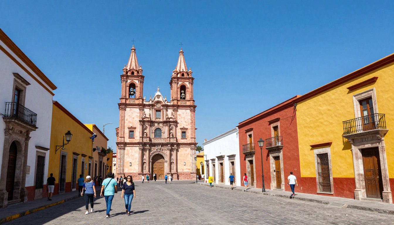 Panorama kolorowych budynków w centrum miasta w Meksyku z turystami na placu głównym