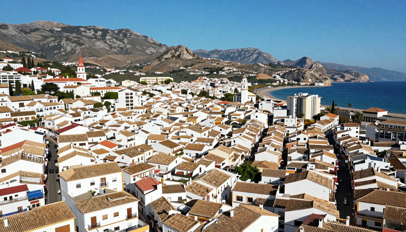 Panorama miasta Estepona na wybrzeżu Costa del Sol z białymi domami i górami w tle
