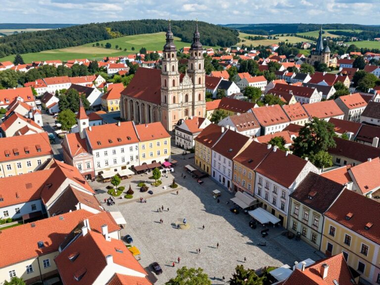 Panorama zabytkowego Lubomierza z widokiem na rynek i kościół