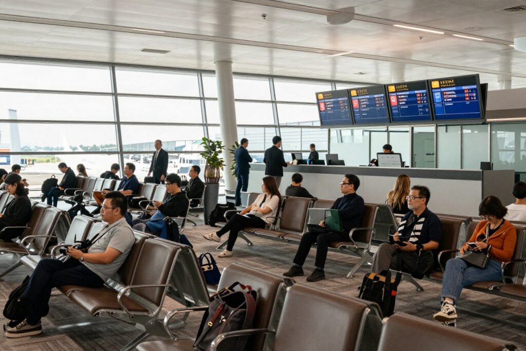 Pasażerowie czekający na przesiadkę na lotnisku