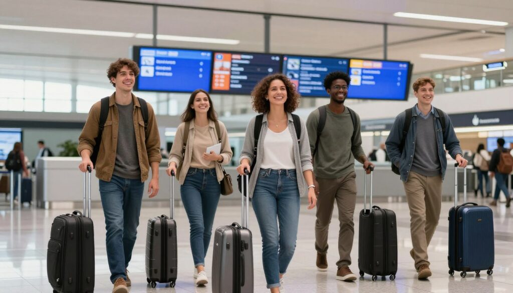 Pasażerowie z bagażami w hali przylotów