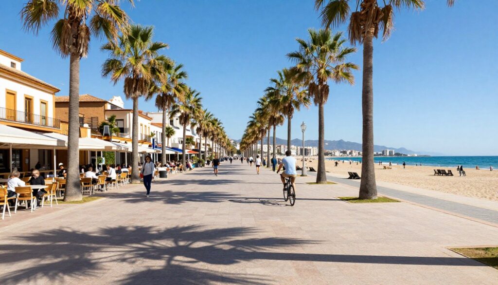 Paseo Marítimo promenada w Fuengiroli z palmami i widokiem na plażę