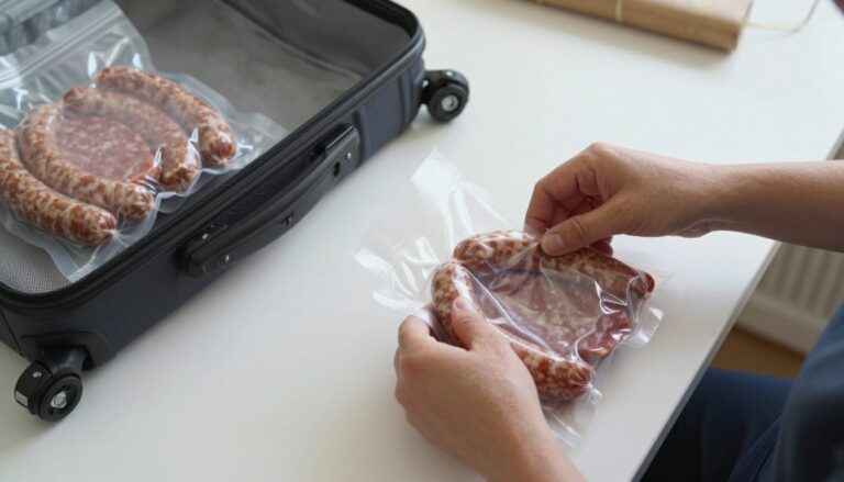 Passenger packing sausages and cold cuts into transparent bag for Ryanair flight
