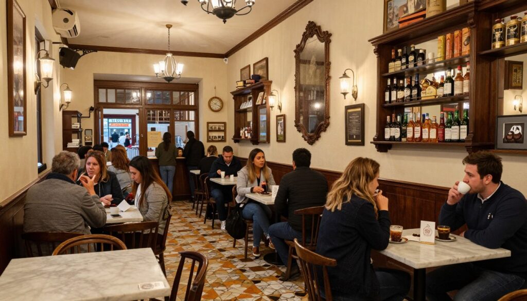 Pełna sala Chocolatería San Ginés z klientami przy marmurowych stolikach