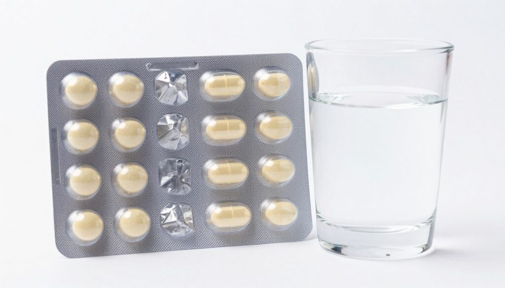 Pharmaceutical blister pack with probiotic capsules, glass of water, clean white background, professional lighting.