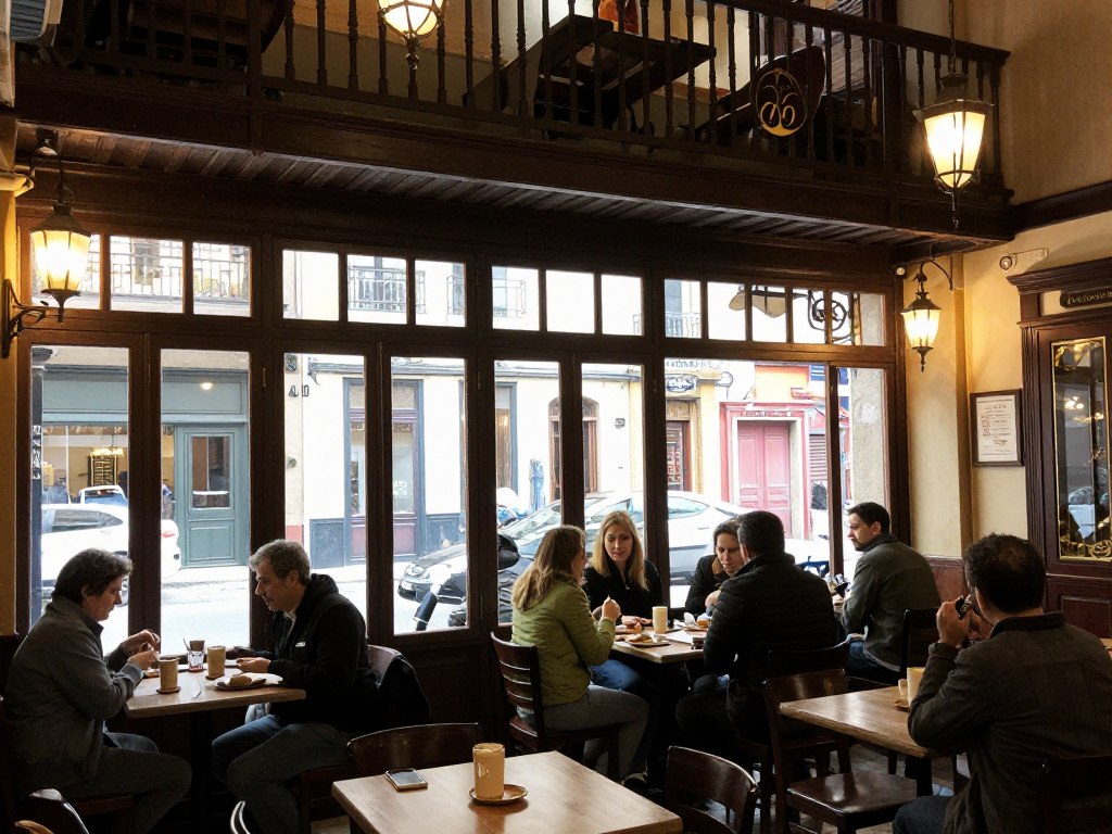 Piętro Chocolatería San Ginés z widokiem przez okno na plac