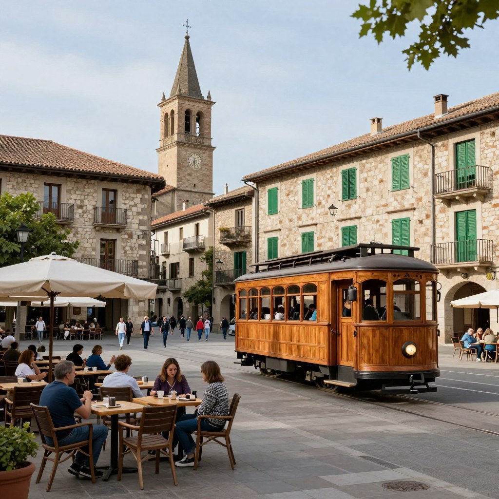 Plac Constitució w Soller z zabytkowym tramwajem
