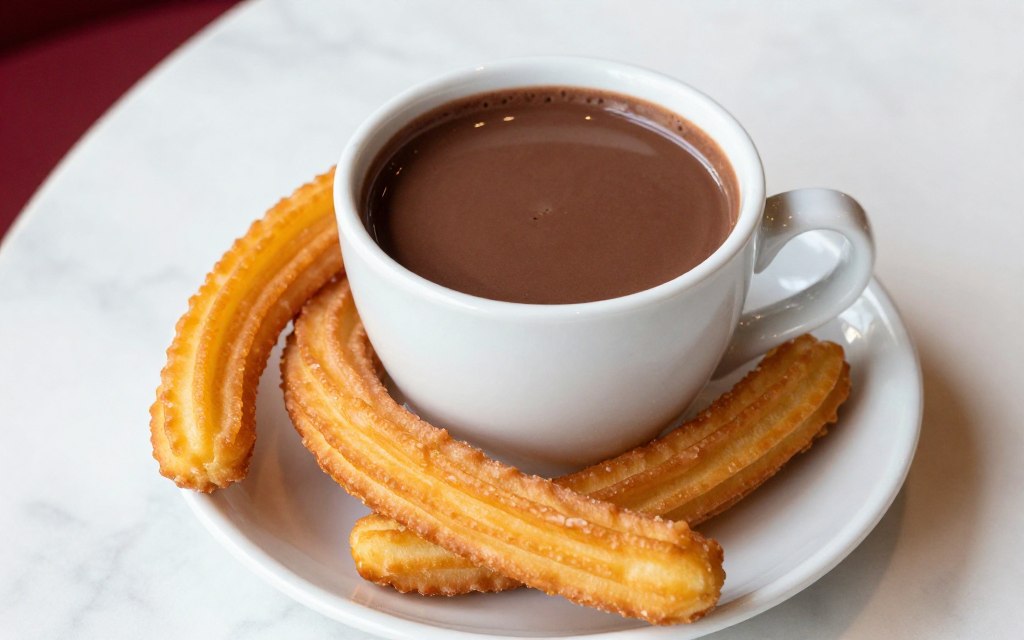 Porcja churros z gorącą czekoladą w Chocolatería San Ginés