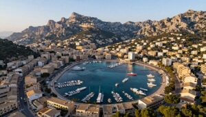 Port de Soller Majorka panorama zatoki z górami Serra de Tramuntana w tle