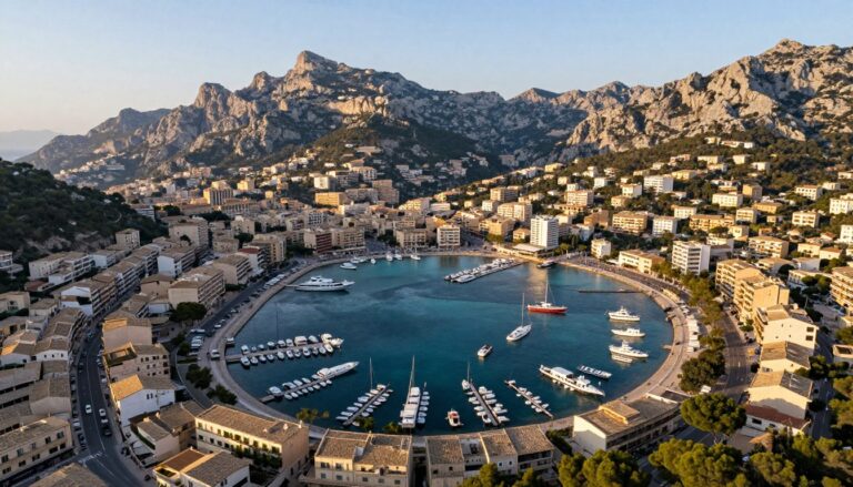 Port de Soller Majorka panorama zatoki z górami Serra de Tramuntana w tle