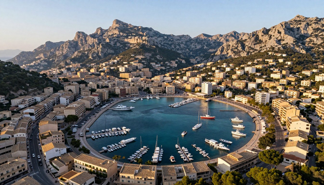 Port de Soller Majorka panorama zatoki z górami Serra de Tramuntana w tle