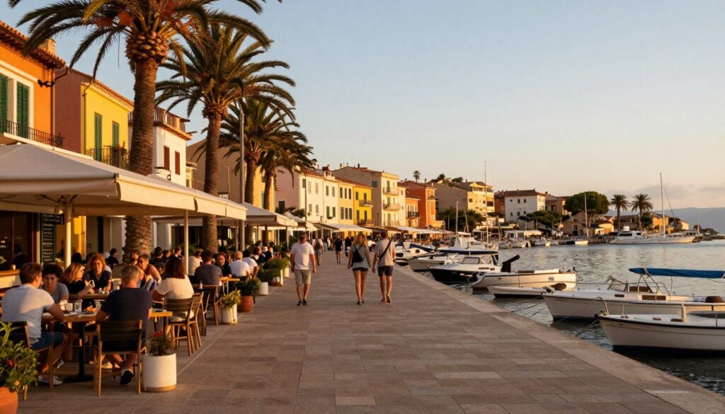 Promenada w Port de Soller z restauracjami i palmami