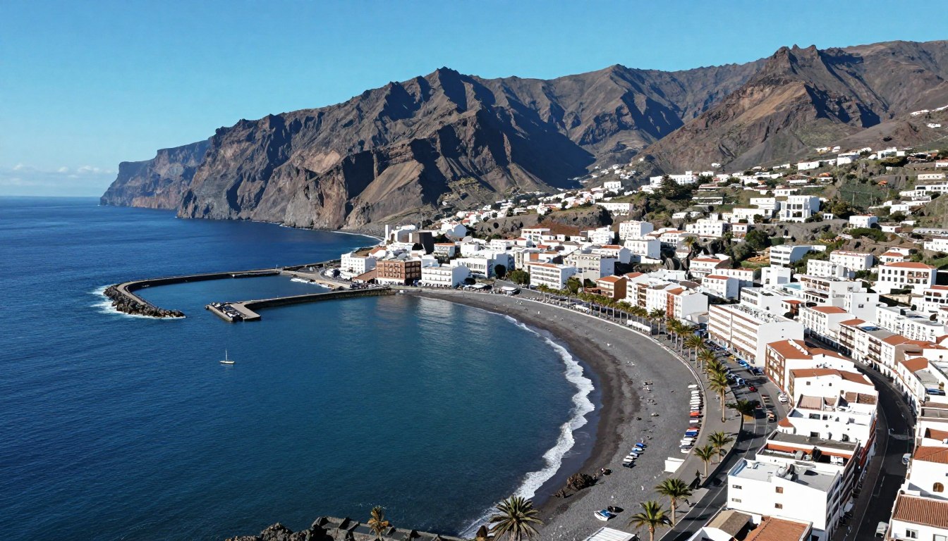 Puerto de Santiago panorama z widokiem na ocean i klify Los Gigantes
