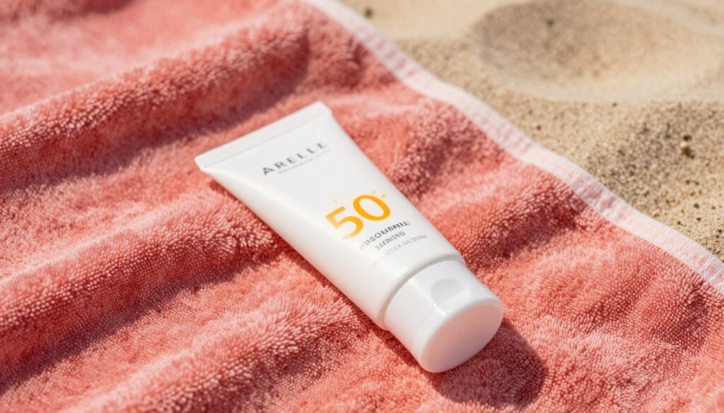 Realistic photo of a premium SPF 50 sunscreen tube on a sunny beach towel, soft natural sunlight, professional product photography.