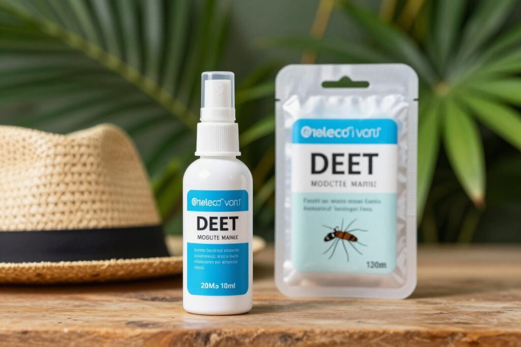 Repelent przeciw komarom i środki ochrony przed owadami na tle tropikalnej roślinności w Meksyku