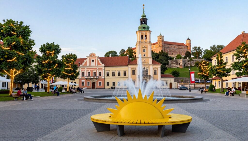 Rynek w Olsztynie z fontanną i widokiem na zamek