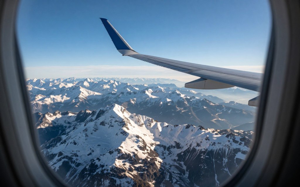 Samolot lecący nad Alpami w drodze do Włoch