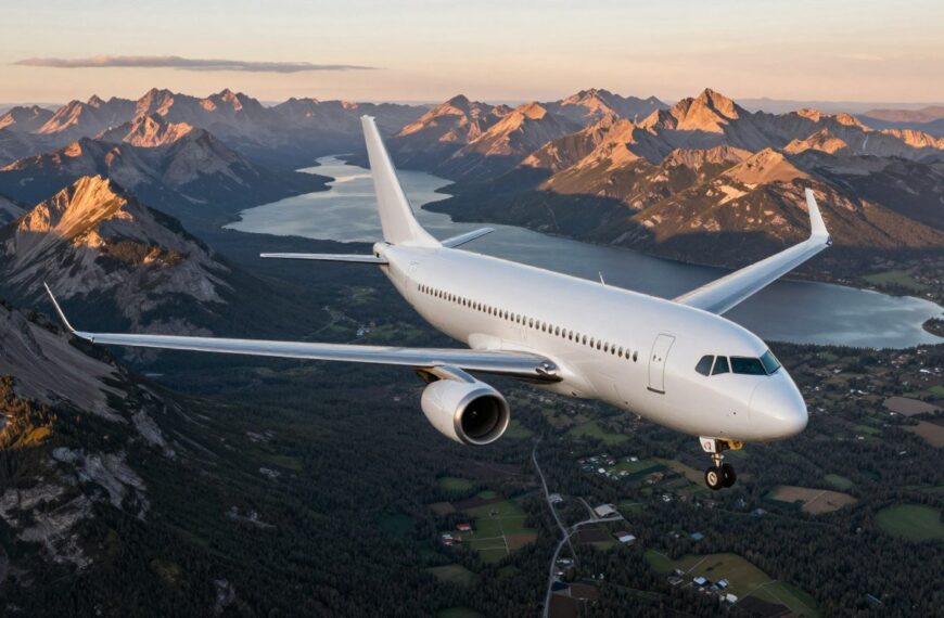 Samolot lecący nad Kanadą z widokiem na góry i jeziora