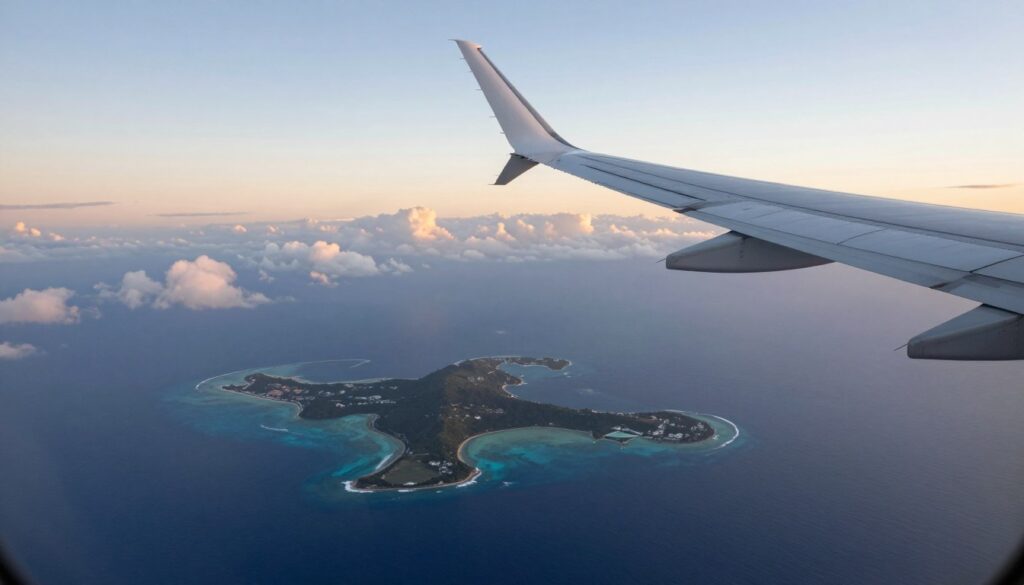 Samolot pasażerski lecący nad oceanem w kierunku Karaibów