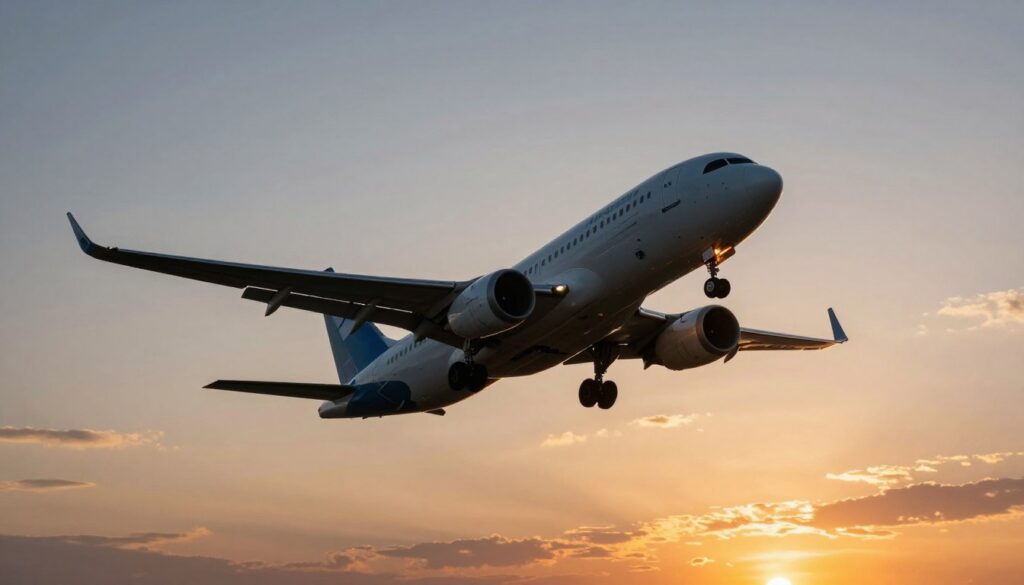 Samolot startujący o zachodzie słońca