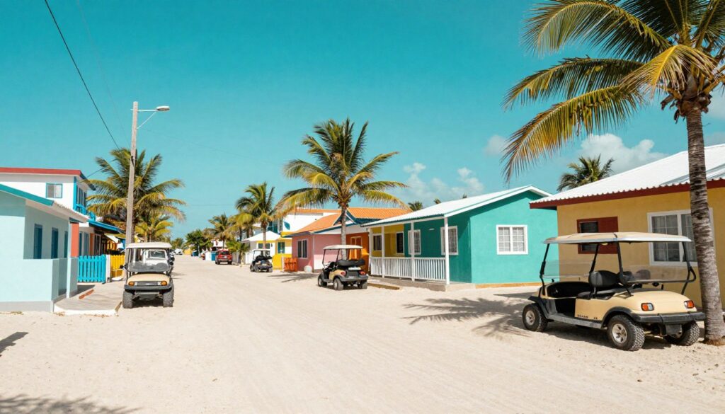 Spokojna piaszczysta ulica na wyspie Isla Holbox z kolorowymi domkami i golfcartami