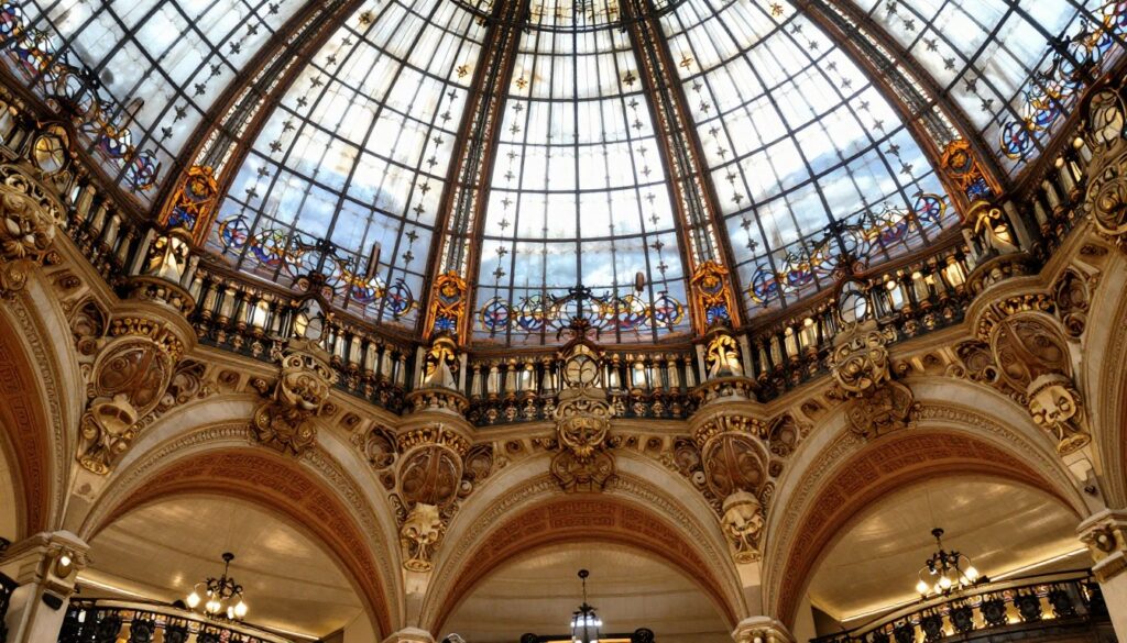 Szczegół kopuły Galerii Lafayette - dekoracyjne elementy art nouveau i balustrady