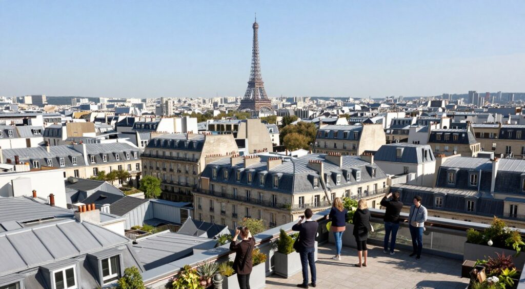 Taras widokowy Galerii Lafayette z widokiem na wieżę Eiffla i dachy Paryża