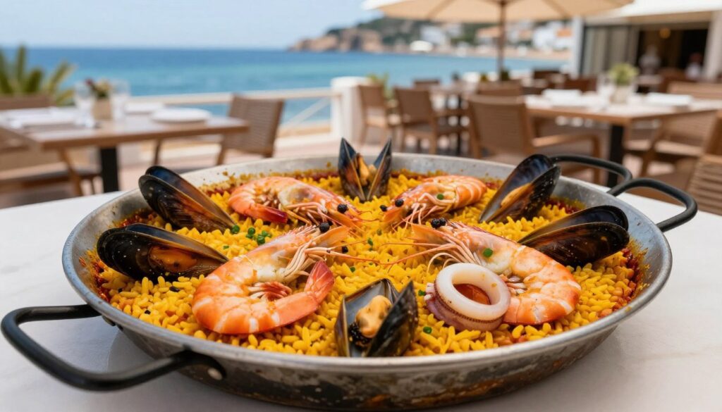 Tradycyjna paella z owocami morza serwowana w restauracji w Tossa de Mar