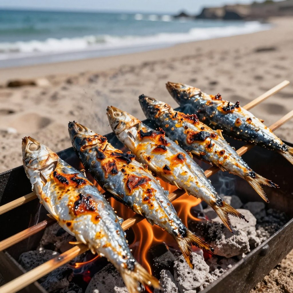 Tradycyjne hiszpańskie espetos de sardinas grillowane na plaży
