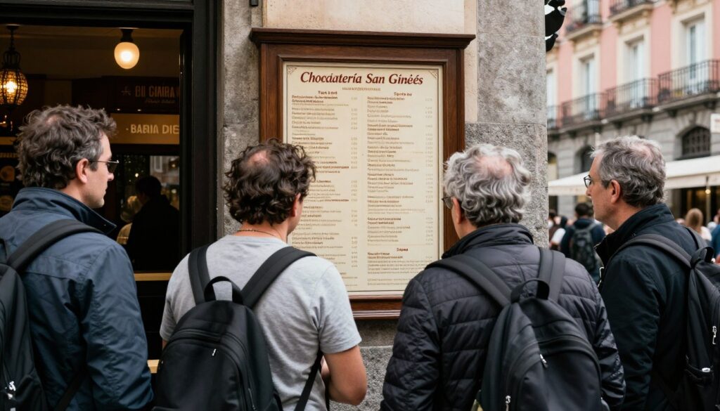 Turyści studiujący menu przed Chocolatería San Ginés