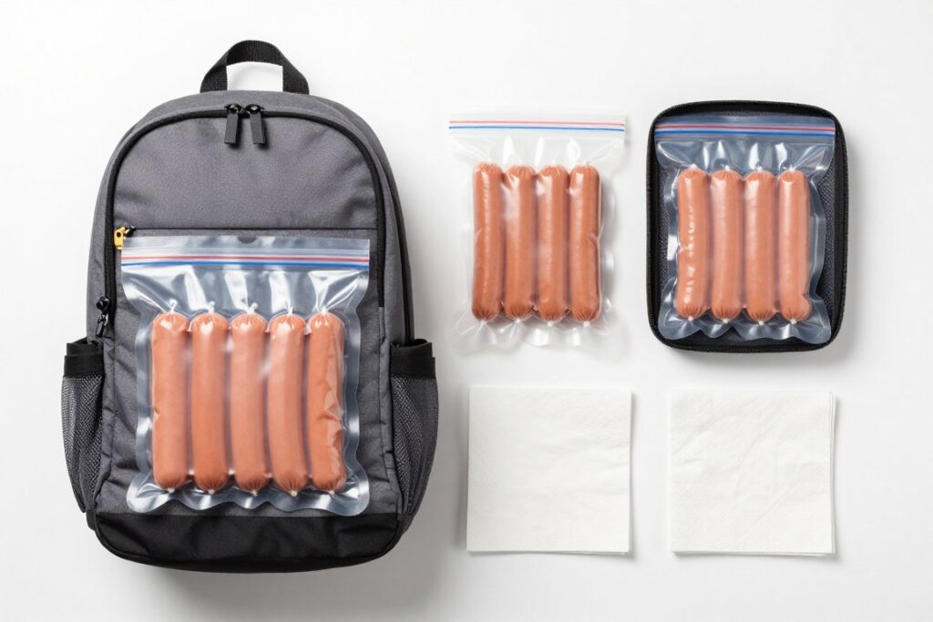 Well-organized carry-on bag with properly packed food items for flight