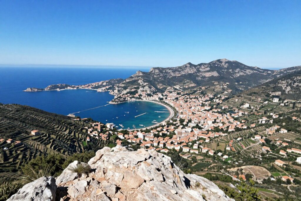 Widok ze szczytu góry na zatokę Port de Soller