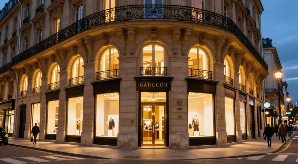 Wieczorny widok na oświetloną Galerię Lafayette od strony Boulevard Haussmann