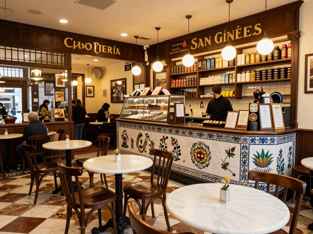 Wnętrze Chocolatería San Ginés z marmurowym barem i historycznymi kafelkami