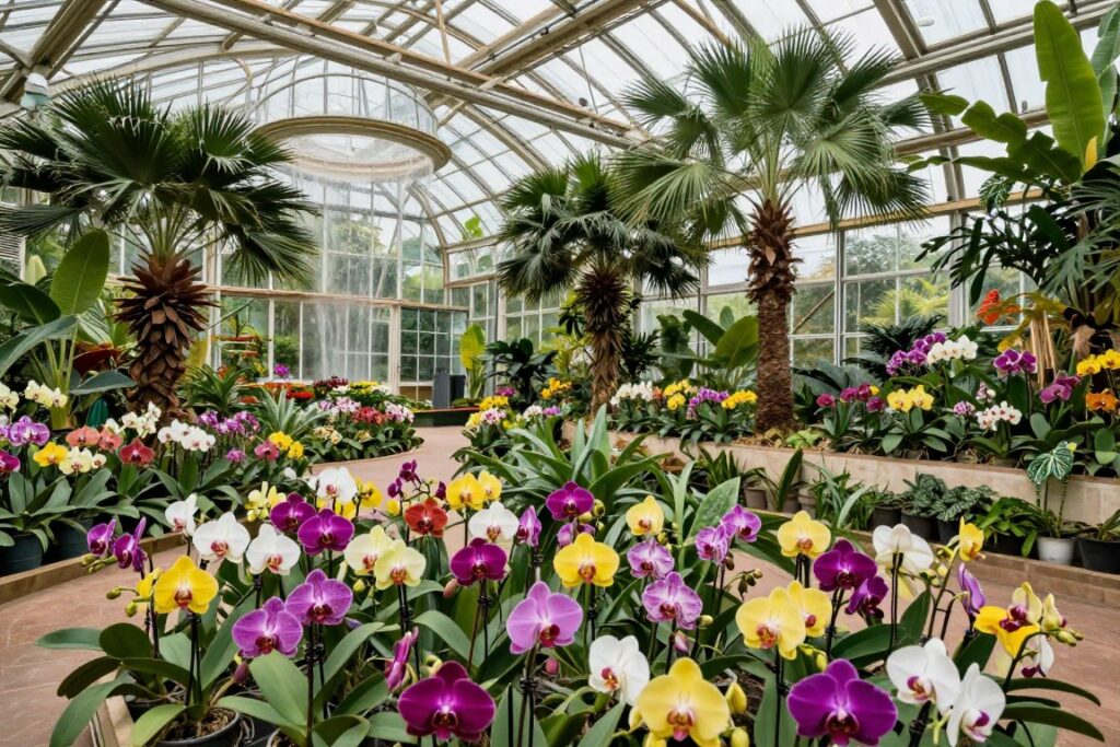 Wnętrze Orchidarium w Esteponie z tysiącami kolorowych orchidei