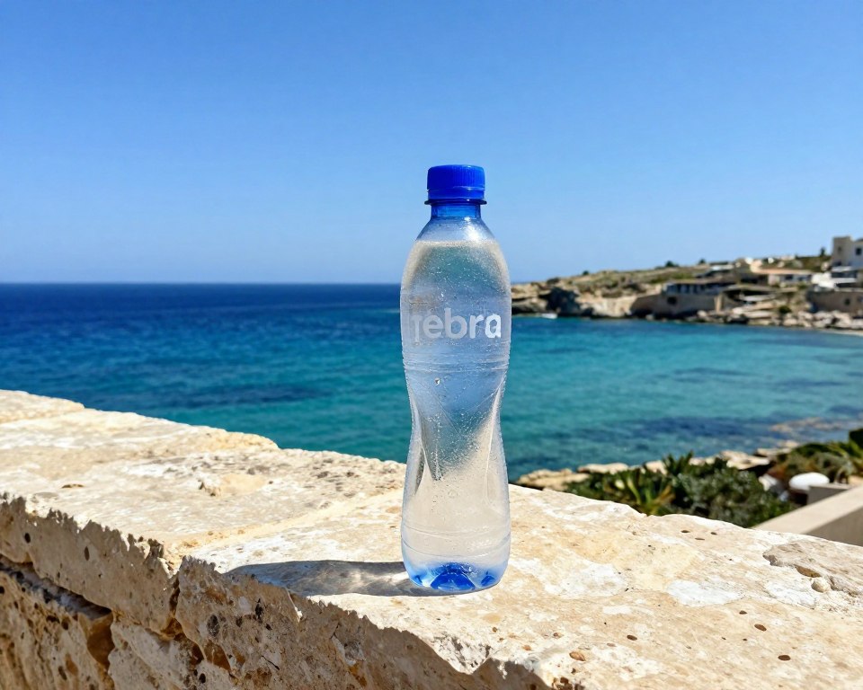 Woda pitna na Malcie - butelka wody mineralnej na tle maltańskiego krajobrazu